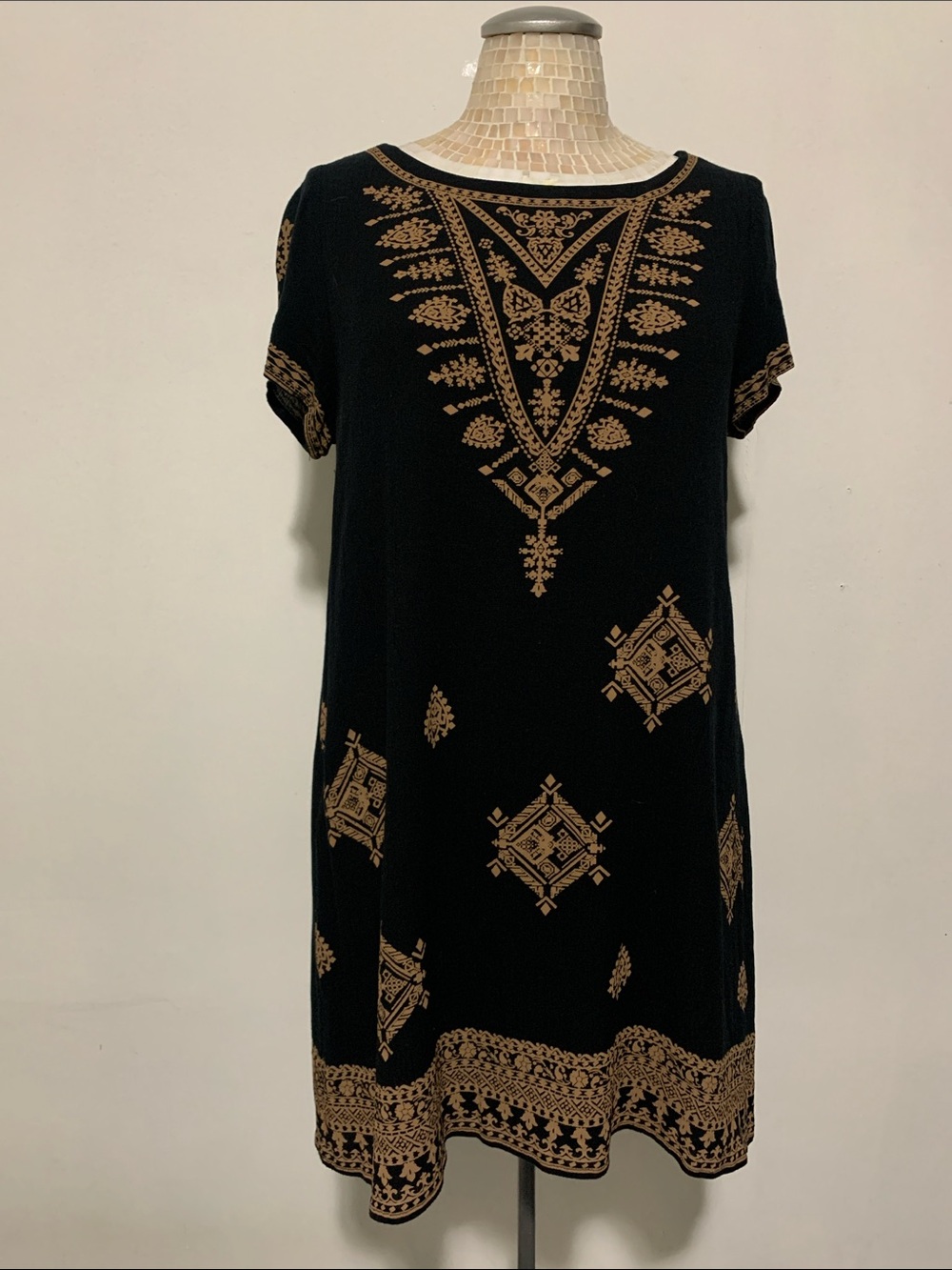 Onetheland Black Shift Dress with tan grass fix design as shown Never worn